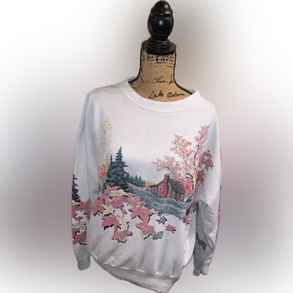Vintage 90s Baggy Oversized Scenic Autumn Fall Foliage Cabin Print Sweatshirt - Picture 1 of 8